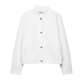 Women's white soft bomber jacket with gold buttons and baseball collar in flat lay - XS / White