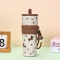 Insulated beige kids straw cup with brown polka dots and cute dachshund dog pattern - 24oz / Coffee Dog
