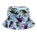 Detail of a light blue and purple tie-dye bucket hat featuring colorful dinosaur patterns - M (56-58cm) / Dinosaur Print Style