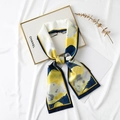 Navy and yellow abstract print narrow silk scarf with contrast piping for handbags - Print - Navy Blue