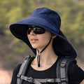 Dark blue wide brim sun hat for women with adjustable windproof drawstring for hiking - Navy Blue