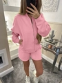 Pink two-piece athletic lounge set with zip-up sweatshirt and elastic waist shorts - S / Pink