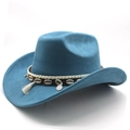 Detail of blue suede cowboy hat with white fringe tassels and silver coin ornament - M(56-58cm) / Teal