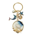 Nautical keychain with blue and pink enamel dolphin, starfish and white pearl charms - Blue Dolphin Shell
