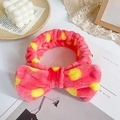 Pink plush headband with large yellow polka dots and a cute oversized bow detail - Watermelon Red with Yellow Dots