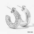 Vintage silver C-shape hoop earrings with micro-pave cubic zirconia stones for women - Silver with White Stone (PDE1263)