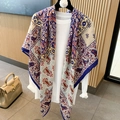 Blue and beige paisley linen scarf draped elegantly on a mannequin for summer - 130*130cm / Blue Beige Paisley (MZF-092)