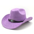 Detailed close-up of a purple faux suede cowboy hat with turquoise western buckle - M (56-58cm) / Taro Purple
