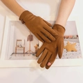 Caramel faux suede warm gloves with touchscreen finger opening and leather buckle detail - Coffee Open Finger