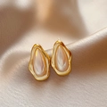Golden irregular teardrop earrings with mother-of-pearl inlay on champagne silk - Style 119# S925 Silver Pin Gold Teardrop Studs