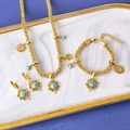 Golden jewelry set with turquoise lucky clover, sun and tree of life pendants - Necklace Bracelet Earrings