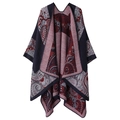 Close-up of paisley pattern on warm knitted shawl in dark red, navy and grey - One Size / Paisley Cartoon-Navy Red