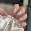 Macro detail of aurora square press-on nails with shimmering pearlescent finish - By1681 / Glue Type