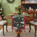 Green Christmas table runner with red plaid border and festive holiday patterns with tassels - Green Tower Tree + Red Tassel (Hand Wash Only)