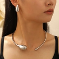 Minimalist silver teardrop jewelry set with a metallic open collar and matching earrings - Earrings + Choker (56) / 2-Piece Set (Water Drop) / Bright Silver