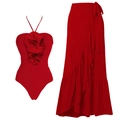 Elegant red one-piece swimsuit with 3D flower detail and matching ruffle wrap skirt set - S / Halter One-Piece Set