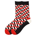 Men's geometric cube pattern socks in red, black and white stripes and blocks - 38-46 / Red Black White Cube Geometric (1094C)
