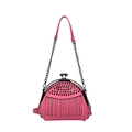 Pink evening clutch bag with black rivets and tassel detail on a metal chain strap - Pink