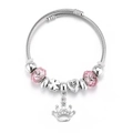 Detail of adjustable crown charm bracelet with pink faceted beads and heart pendants - No Box / Crown