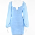 Detail view of blue long sleeve mini dress with plunging V-neck and ruched fabric design - S / Blue