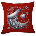 Red Christmas pillow cover featuring a 3D moon with Santa hat and faux diamond beads - Moon with Christmas Hat