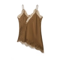Detail of satin camisole with lace trim, V-neckline and irregular asymmetric hem - Brown