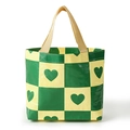 Foldable woven tote bag with green heart pattern and yellow checkerboard design - Small / Green Heart