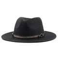 Détail d'un chapeau de paille noir avec ruban ethnique et rivets en métal argenté - Noir