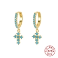 Gold-plated 925 sterling silver hoop earrings with turquoise cross pendants - Gold-Style 4-Turquoise Cross Hoop