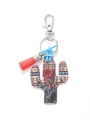 Wooden cactus keychain with ethnic pattern, red tassel and blue knot charm - Bohemian Floral Cactus/Red Tassel