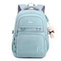 Light blue water-resistant nylon backpack with multiple compartments and cute bear pendant - Sky Blue