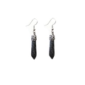 Macro shot of silver ear hooks with black hexagonal crystal pillars and hollow floral caps - Larvikite
