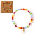 Buntes Perlenarmband mit goldenem Kreuzanhänger auf einer Taufe-Geschenkkarte - Mehrfarbiger Stil B - Regenbogen Rot Orange Gelb Grün Blau Violett