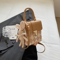 French retro checkered crossbody bag in light coffee with a cute rabbit pendant - Khaki Diamond Lattice with Pendant
