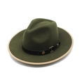 Olive green wool fedora hat with beige trimmed brim and black leather belt buckle strap - M(56-58cm) / Army Green