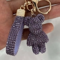 Purple rhinestone bear keychain with matching wrist strap and gold metal buckle - Light Purple