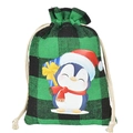 Christmas gift bag with green buffalo plaid and cute cartoon penguin print - Green & Black Plaid - Blue Penguin