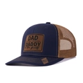 Dark blue and brown trucker hat with mesh back and leather DAD DADDY patch detail - Navy+Coffee