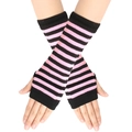 Close-up of pink and black striped knitted fingerless gloves with thumb hole detail - One Size / Black And Pink Striped (6)