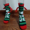 Christmas themed mid-tube magnetic hand-holding socks with Ho Ho Ho pattern stripes - Red Green Black Striped HoHoHo