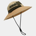 Detail of outdoor sun hat with khaki nylon top and beige straw brim with chin strap - Khaki Military Green Patchwork