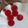 Modern long red acrylic round drop earrings with silver rings on a white plate - 925 Sterling Silver Pin Studs / Red