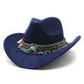 Navy blue wool western cowboy hat with ethnic braided band and turquoise stone detail - M (56-58cm) / Navy Blue