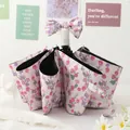 Automatic folding floral umbrella with cream fabric and purple flowers with bow handle - 3-Fold Automatic Style - Pink Purple Floral