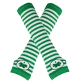 Detail of green and white striped knit arm warmers featuring green shamrock clover embroidery - One Size / Green and White Stripes with Shamrock