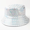 Houndstooth pattern bucket hat with colorful laser PU leather and reflective finish - M (56-58cm) / White