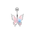 Silbernes Schmetterling Bauchnabelpiercing mit rosa Flügeln und blauer Rose - Rosa & Blau