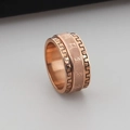 Rose gold spinner ring with engraved mantras and greek key patterns on rotating band - Six-Syllable Mantra Meander Style (KR38020-K)