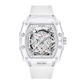 Men's transparent tonneau quartz watch with white silicone strap and skeleton dial detail - Transparent White Dial - White Strap