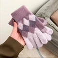 Detail of purple argyle knit gloves showing texture and diamond pattern for winter - One Size / Purple